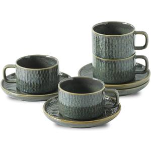 Espresso Cup with Saucer - 6 Ounce Ceramic Espresso Mugs Set of 4, Cappuccino Cups Set, Latte Coffee Cups for Coffee, Cafe Mocha, Tea, Green
