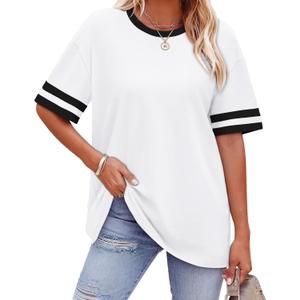 WIHOLL Womens T Shirts Loose Fit Short Sleeve Tees Crew Neck Color Block Summer Tops 2026 Fashion (Medium)