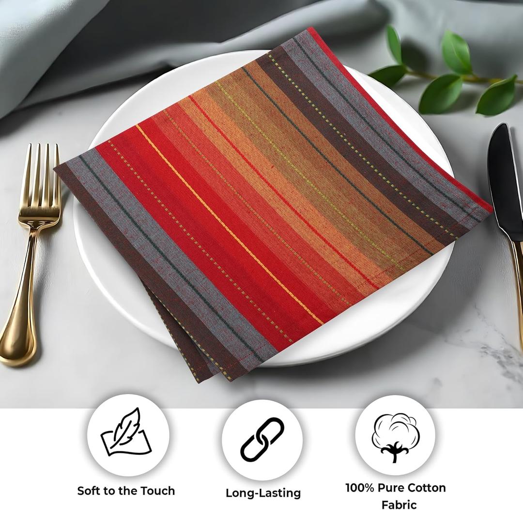 Urban Villa Cloth Napkins Cuisine Stripes 100% Cotton Absorbent Dinner Napkins Set of 6 20x20 Inches Red Multi Color Soft Durable Washable and Reusable Ideal for Everyday Use Wedding Parties Napkins