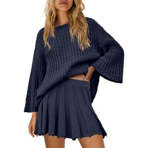 SENSERISE Fall Sweater Sets Skirt Sets Women 2 Piece Outfits Long Sleeve Top and Skirts Set Loungewear (Small, Navy Blue)
