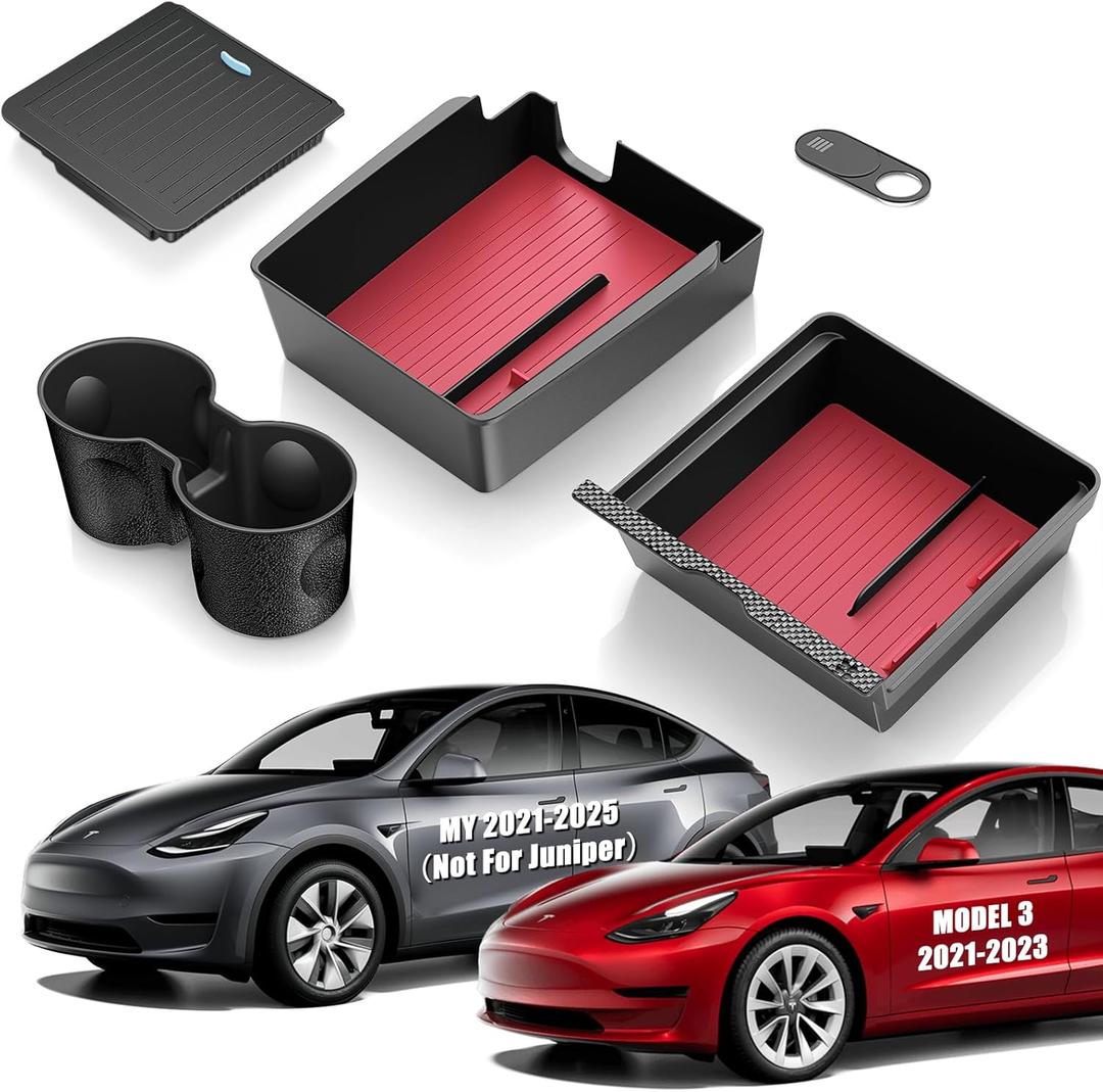 5Pcs Center Console Organizer Tray Compatible for Tesla Model Y Accessories 2025 2024-2021 Armrest Hidden Drawer Storage Box Cup Holder (Not Compatible for Model 3 Highland & Model y Juniper)-red