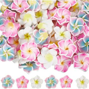 SUNNYCLUE 1 Box 60pcs 20mm Hawaiian Flower Beads Flowers Clay Beads Plumeria Frangipani Pink White Loose Spacer Spring Summer Floral Bead for Jewelry Making Women Adult DIY Gift Craft Supplies