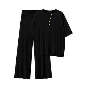 PRETTYGARDEN 2 Piece Lounge Sets for Women Summer 2025 Short Sleeve Tops Wide Leg Pants Matching Travel Outfits Clothing (Black,X-Small)