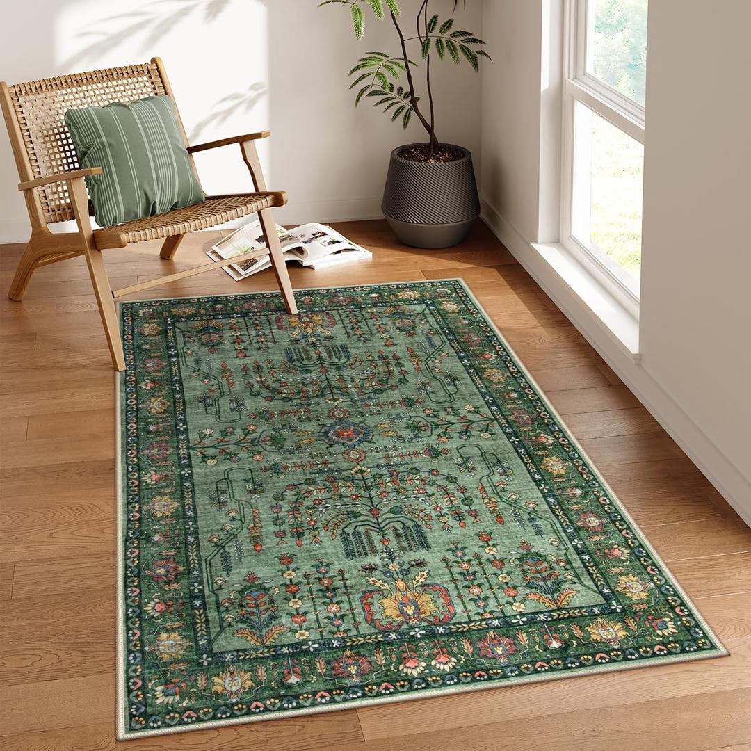 Moynesa Boho Green Area Rug 3x5 Rug Washable, Traditional Floral Entryway Rug Low-Pile Front Door Throw Rug Non-Slip, Ultra-Thin Soft Oriental Bathroom Mat for Kitchen Bedroom