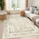 5x7 Area Rugs,Ultra-Thin Washable Rugs for Living Room,Anti Slip Backing Area Rug, Super-Soft Floral Vintage Home Decor Rug (Beige/Ivory,5'x7')