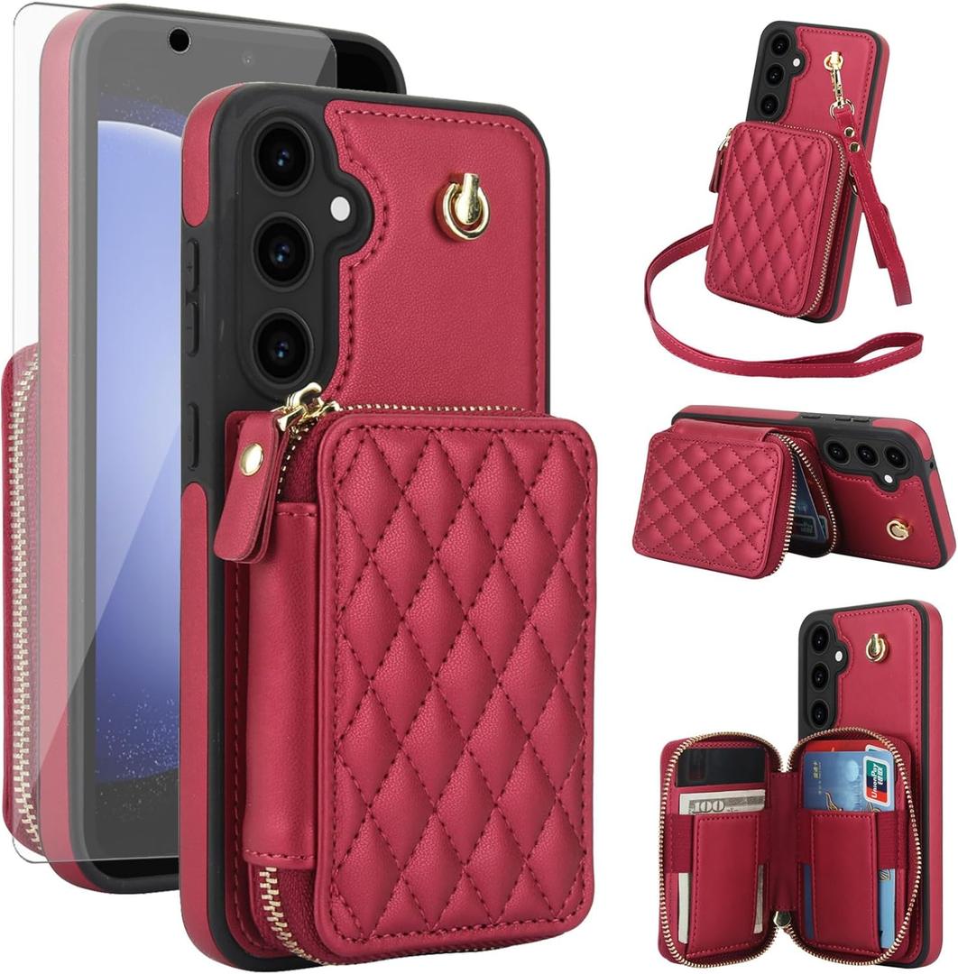 Phone Case for Samsung Galaxy S23 FE 5G Wallet Cell Cover with Tempered Glass Screen Protector Wrist Crossbody Strap Stand Lanyard RFID Blocking Credit Card Holder S 23 EF S23FE 23S Women Girls Red