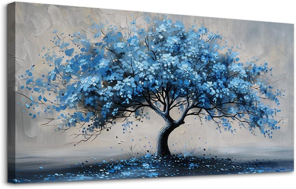 KELIYUAN Canvas Wall Art For Living Room Framed Wall Decorations For Bedroom Office Wall Decor Abstract Painting Blue Tree Pictures Artwork Ready To Hang Guesthouse Room Mural Home Decor 20x40 In (40L" x 20W")
