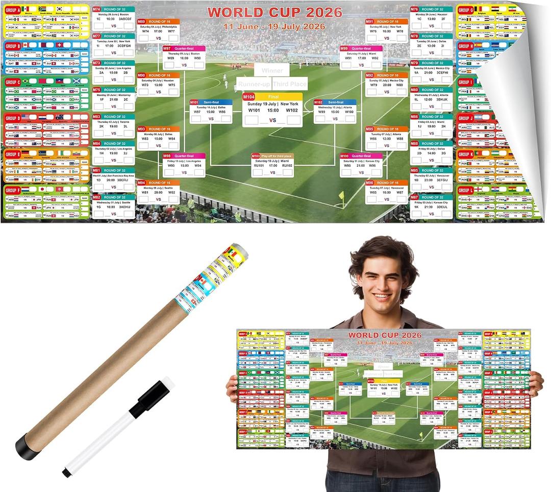 2026 World Cup Schedule Poster Extra Large 43.31"x17.72" Waterproof PP, Dry Erase Soccer Tournament Wall Chart with Knockout Bracket & Group Stage Tracker Perfect for Home, Office, Bar, Viewing Parties & Fans