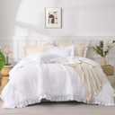 Andency White Ruffle Comforter Oversized Queen(98x98Inch), 3 Pieces(1 Ruffled Comforter and 2 Pillowcases) Solid Farmhouse Shabby Chic Bed, Vintage Rustic Soft Polyester Bedding Set