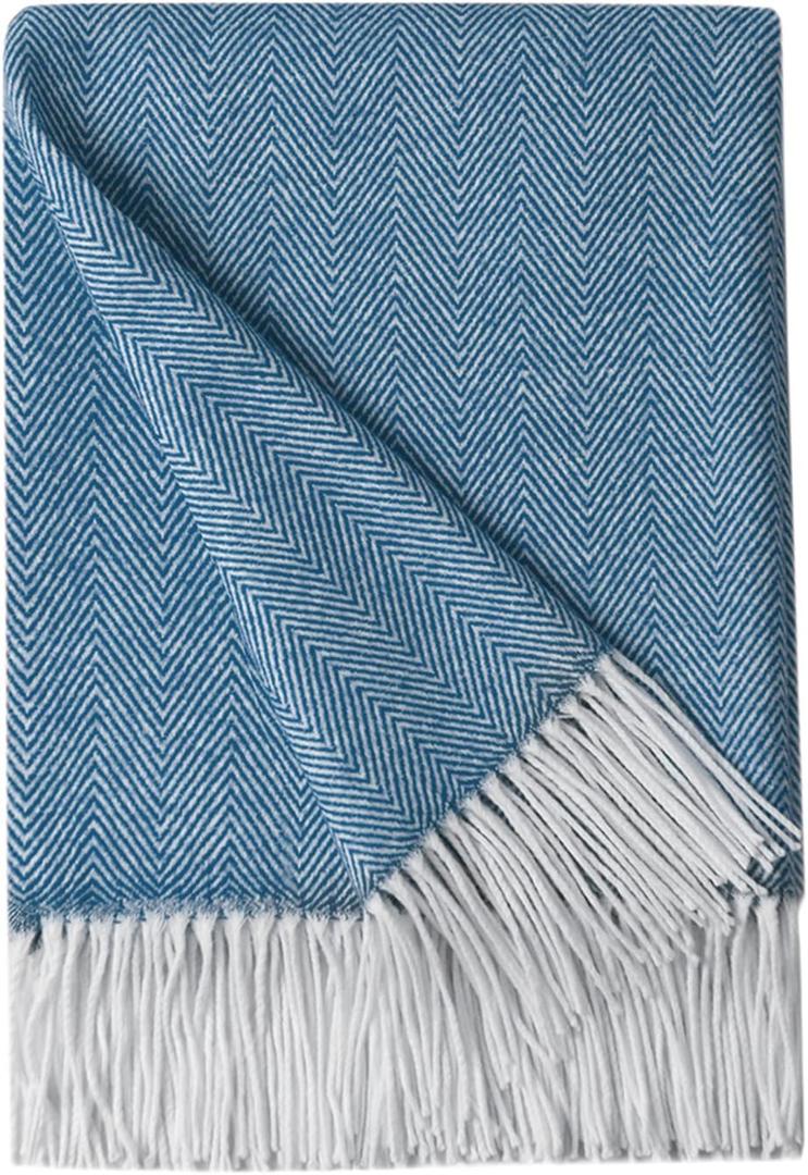BOURINA Decorative Herringbone Faux Cashmere Fringe Throw Blanket Lightweight Soft Cozy for Bed or Sofa Farmhouse Outdoor Throw Blankets, 50" x 60", Navy
