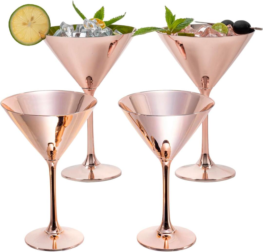 MyGift 8 oz Modern Copper Tone Martini Glasses, Elegant Metallic Plated Stemmed Cocktail Glasses, Set of 4