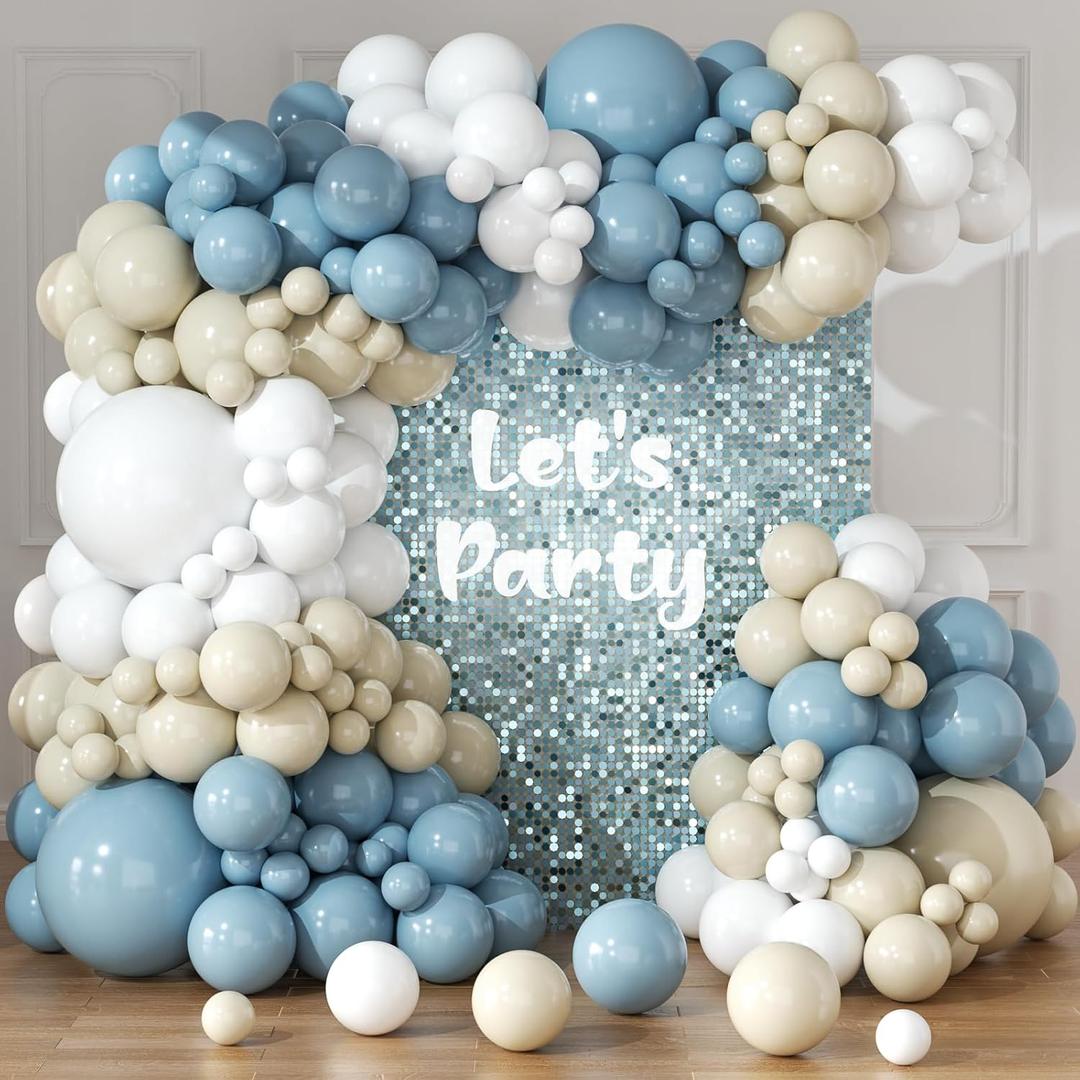 Dusty Blue White Sand Balloon Arch Garland Kit-145pcs Neutral Nude Dusty Blue Balloons for Birthday, Christening, Baby Shower, Bridal Shower, Baptism Decorations