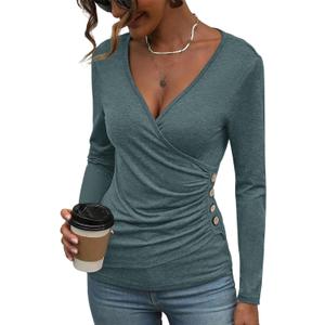 Women's Long Sleeve Deep V Neck Tops Wrap Ruched Slim Fit Shirts Button Side Blouse Sexy Fall Outfits 2025 (Green, S)