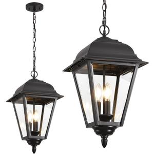 Outdoor Pendant Light, 3-Light Exterior Hanging Porch Light, Extra Large Outdoor Hanging Light Fixture with Clear Glass, Waterproof Black Outside Chandelier for House Front Door Farmhouse (A112-12)
