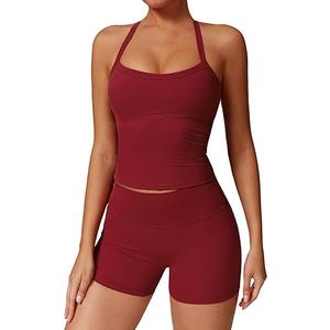 Two Piece Workout Sets For Women Tank Top Matching High Waist Booty Lifting Shorts Gym Yoga Active Wear Outfits, Burgundy, Size S