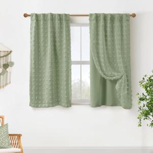 Back Tab Pom Pom Sage Green Curtains for Girls Room Bedroom Bathroom Nursery Curtains Double Layer 34x45 Inch Length