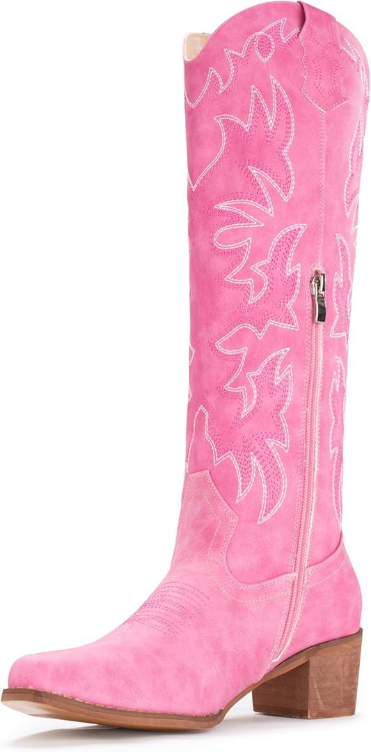IUV Cowboy Boots For Women Knee High Western Cowgirl Boots Snip Toe Side Zipper Chunky Heel (8, Pink)