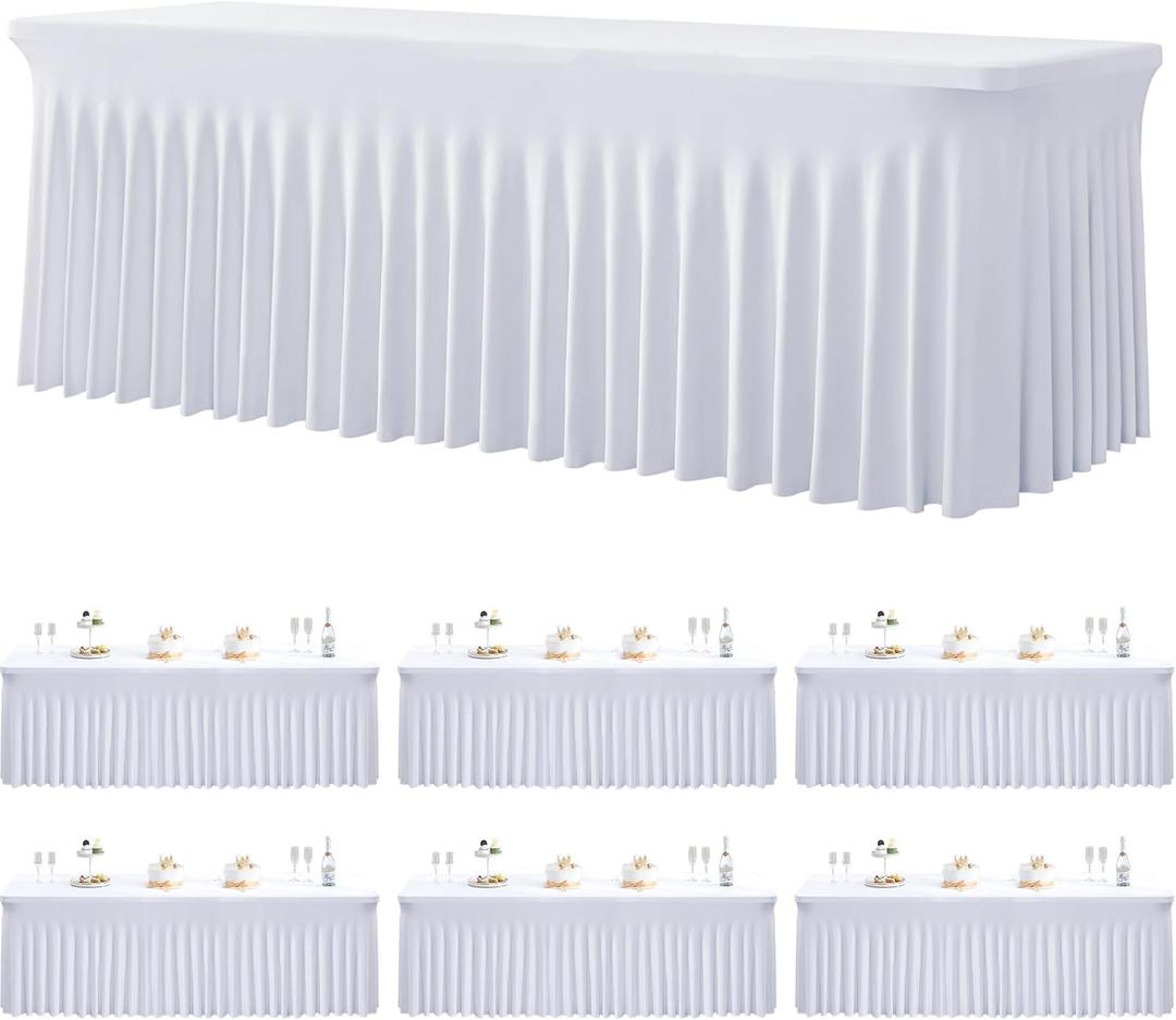 Htper 6 Pack Spandex White Tablecloths for 8 Foot Rectangle Tables, Stretchy Table Cloths 8ft Fitted Table Cover Desk Skirt for Parties Weddings Birthday Banquet Baby Shower