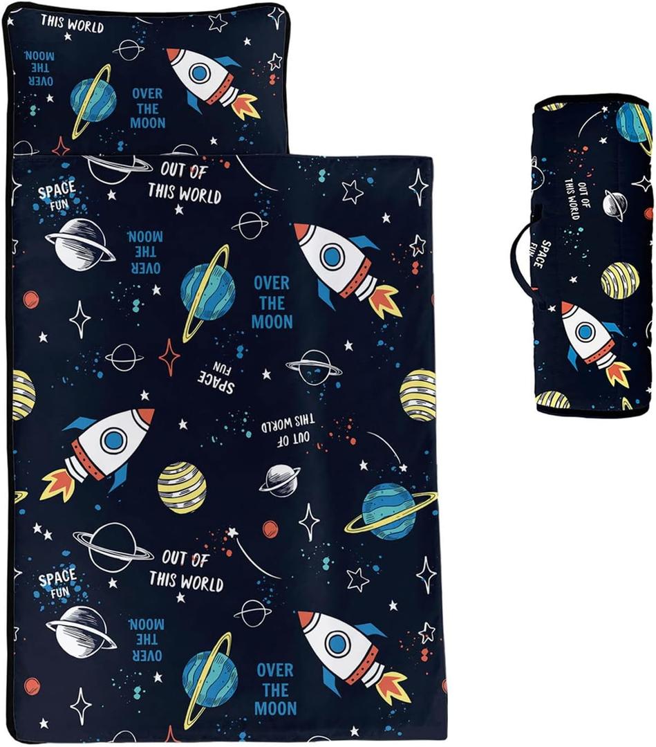 Space Nap Mat - Space Ship Galaxy Sleeping Bag with Removable Pillow - Daycare and Sleepovers Preschool Kindergarten Bedding Set for Kids Toddler Boys Girls (Extra Long - 60"x21")