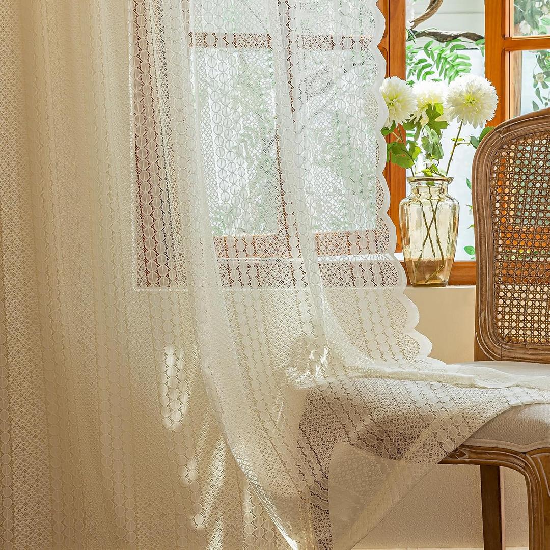 AmHoo 2 Panels Boho Vintage Lace Semi Sheer Curtain Farmhouse Voile Curtains for Living Room Bedroom Window Treatment Ivory 55 x 84 Inch