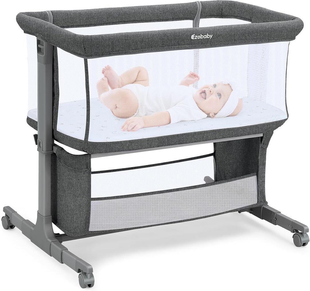 Ezebaby Bedside Bassinet for Baby, Portable Baby Bassinet Bedside Sleeper for Newborn Infants with Wheels Storage Basket, Adjustable 7 Heights and All Mesh Sides (Deep Gray)