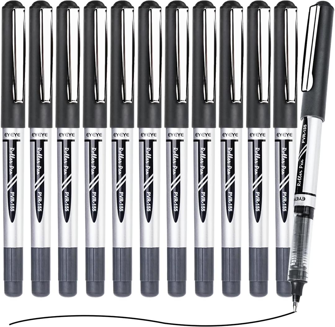 EYEYE Black Rollerball Pens 12 Pack, 0.7mm Medium Point Roller Ball Pen Quick Dry, Liquid Ink Pens Fine Point Smooth Writing Pen for Journaling, Note Taking, Office, School Supplies