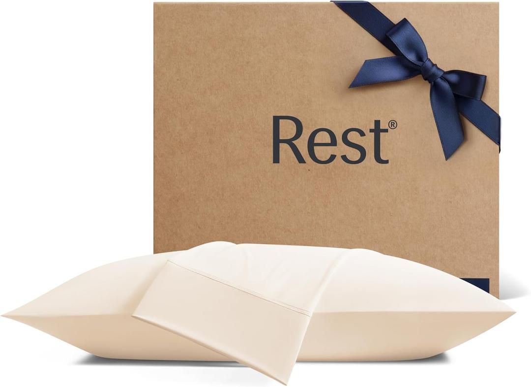 REST Evercool+ Cooling Pillowcases Standard - 2 Pillowcases for Sensitive Skin, Silver Infused Fabric for Hygienic Sleep, Silky Smooth for Curly Hair, High Elastic for Snug Fit (19x29 inches) (Snow Ivory)