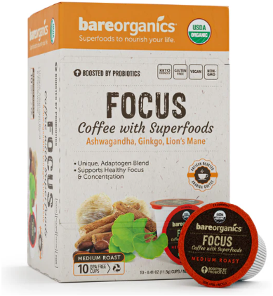 BareOrganics Focus Coffee Pods, Infused with Superfoods & Probiotics, Medium Roast, Vegan Friendly, Keto, USDA Certified Organic, Gluten Free & Non-GMO, 10 Ounce (Pack of 6), No BB Date