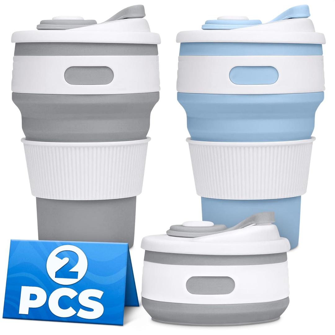 2-Pack Collapsible Cups for Mother's Day 11oz Leakproof Coffee Travel Mug, Silicone, Foldable and Portable for Hiking, Camping, Office | Lightweight and Collapsible Coffee Cups for Outdoor Use