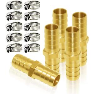 Joywayus 5/8" ID Hose Barb Hex Union Brass Fitting Water/Fuel/Air with 10 Stainless Steel Clamps (Pack of 5)
