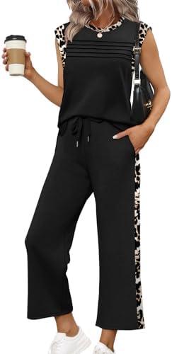 WIHOLL Two Piece Sets for Women Summer Spring Lounge Sets Travel Vacation Outfits Cap Sleeve Side Slit Wide Leg Pants, 3XL