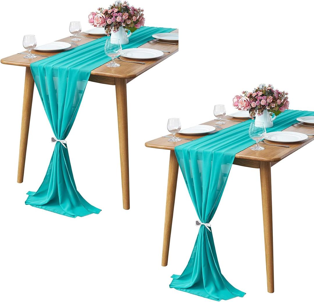 2 Pack 10Ft Turquoise Chiffon Table Runner Sheer 29x120 Inch for Romantic Wedding Decor Bridal & Baby Shower Birthday Rustic Party Decoration