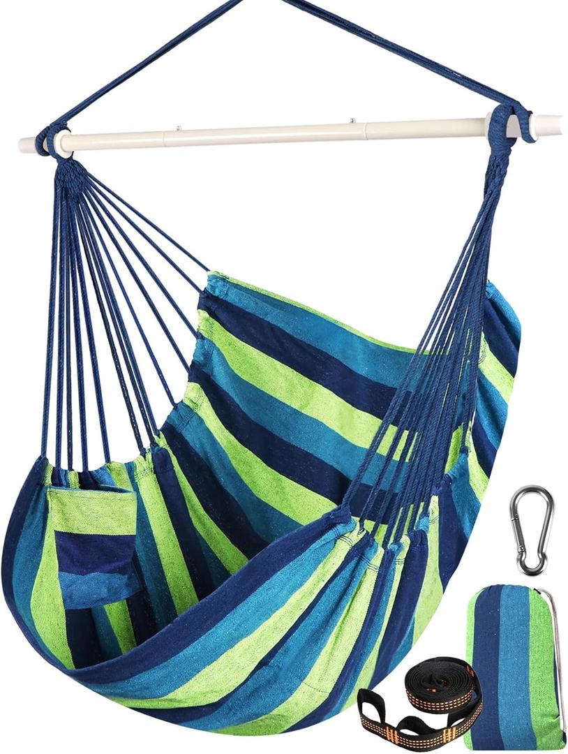 Chihee Hammock Swing Chair - Strong Metal, Collapsible, Portable, Max 500 lbs, Comfy Seat, Patio & Lawn, Cotton Blended, Indoor/Outdoor (130 x 100 cm - Collapsible Bar, Blue Green Stripes)