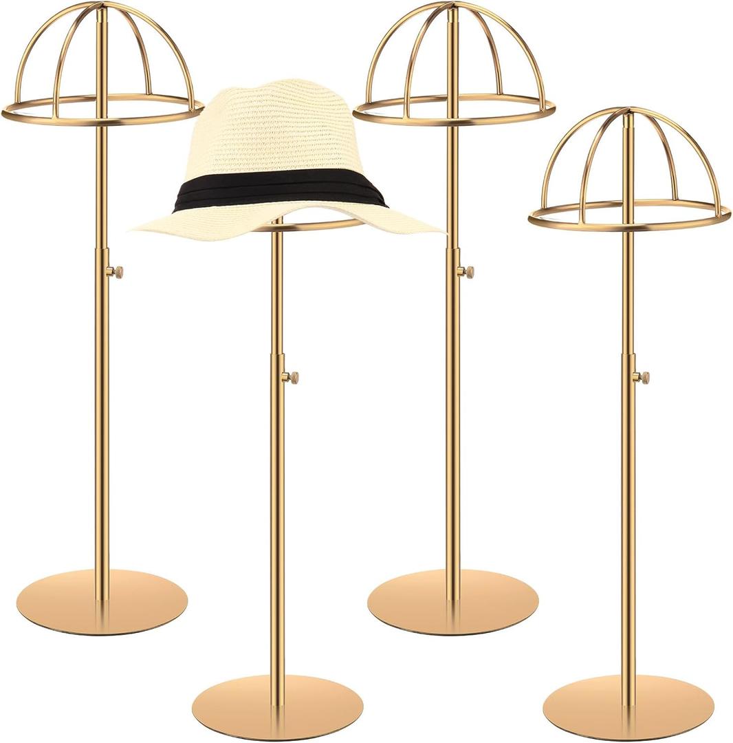 Sintuff 4 Pcs Display Stands 15-22.8 Inch Large Adjustable Hat Holder Non Slip Wigs Stand Stainless Steel Rack With Stable Base for Multiple Hats Storage (Gold)