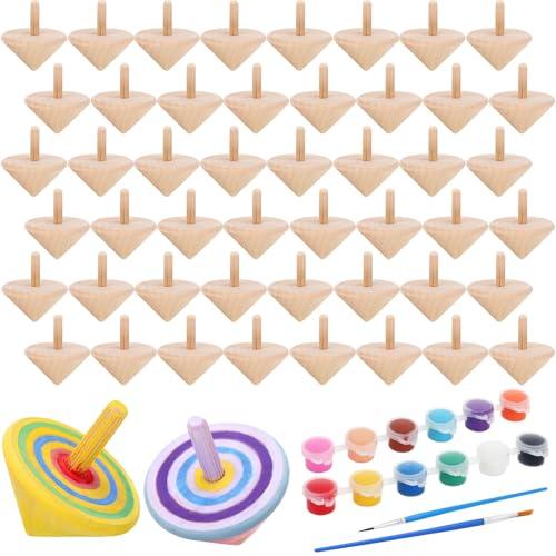 DoubleFill 48pcs DIY Wooden Spinning Tops Craft Kit Watercolor Paints Unfinished Wood Gyroscopes for Kids Educational Kindergarten Toys Spin Tops for Birthday Gifts, Family Games Party Favors