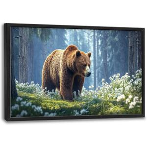 Large Bear Framed Wall Art Forest Bear Canvas Wall Decor Wild Animal Pictures Print Painting Artwork Home Decorations for Living Room Bedroom Office 36 x 24 inch