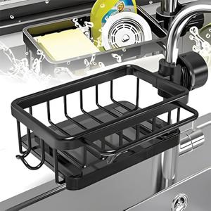 Kitchen Sink Faucet Organizer, 2025 Upgrade, Adjustable Detachable Sponge Holder, Soap Kitchen Sink Drain Rack with Tray & Towel Hook Bathroom Universal Size Fits 1.8-2.8cm Round Pipe (Black Left)