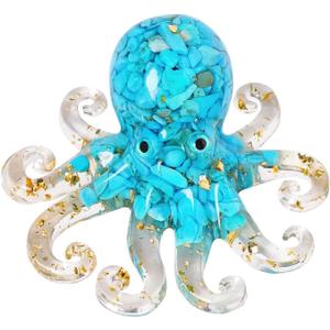 Octopus Decor Aquarium Turquoise Decorative Resin Glass with Natural Crystal Stone Marine Animals Fish Tank Ornaments Statue Healing Home Decor Ladies Gift 3.93"