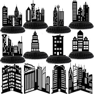Pickmesh 12 Pieces Hero Party Decorations City Skyscraper Honeycomb Centerpieces Table Decorations Skyline Buildings Table Topper for Hero Birthday Skyscraper Party Supplies (Black)