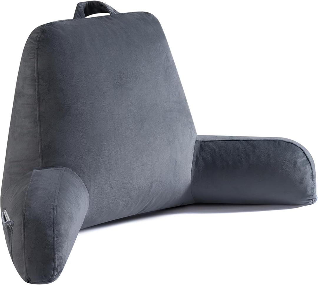 Reading Pillow for Sitting in Bed Adult, X-Large Reading Pillow with Shredded Memory Foam, Back Pillow for Sitting Up with Extend Arms, Pockets, Bed Pillow with Washable Cover, Grey