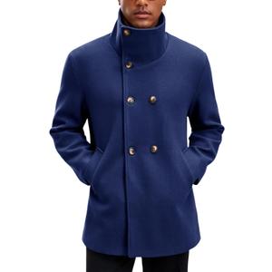 Yousify Mens Trench Coat Double Breasted Stand Collar Overcoat Casual Winter Warm Business Short Pea Coat (Blue, L)