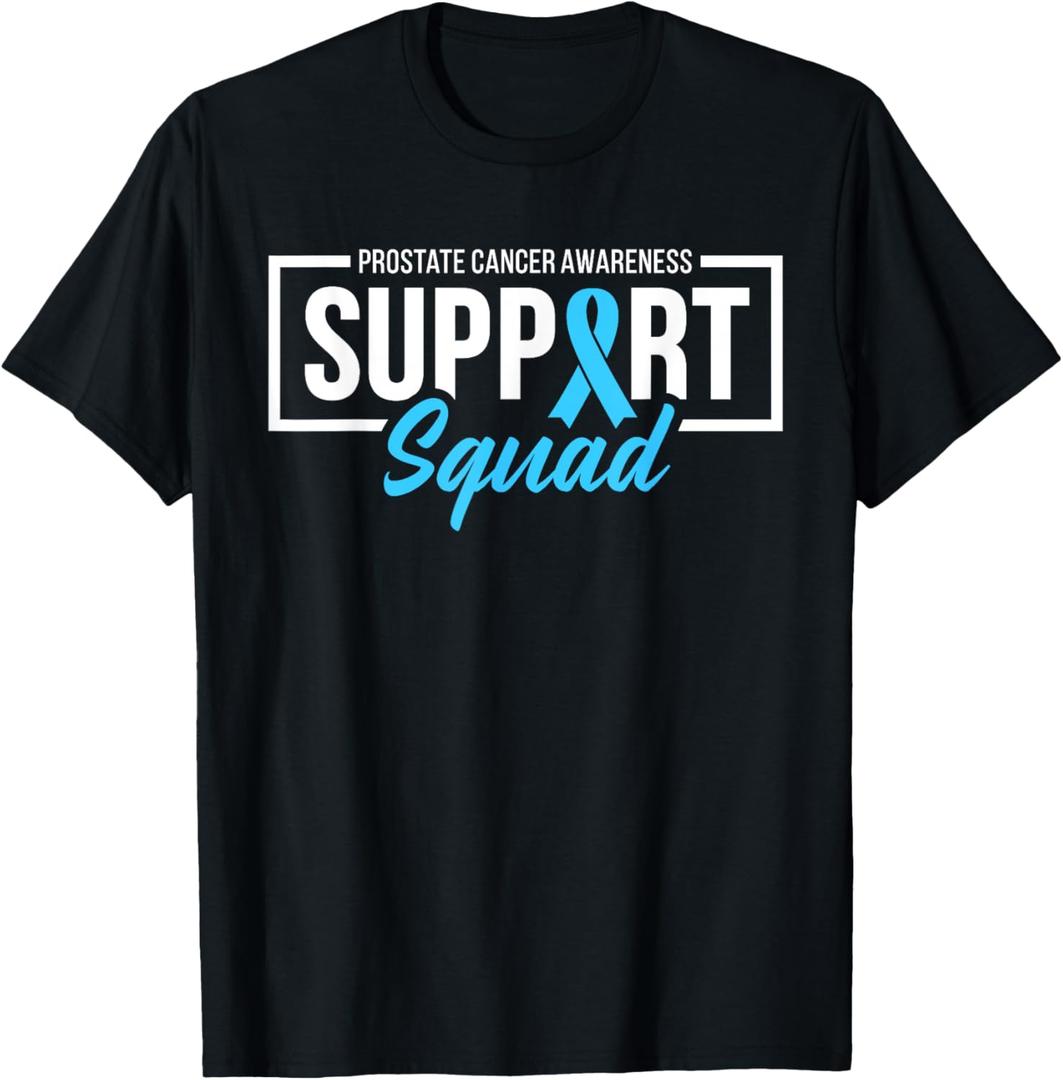 Prostate Cancer Awareness Support Squad Light Blue Ribbon T-Shirt (Small, Black)