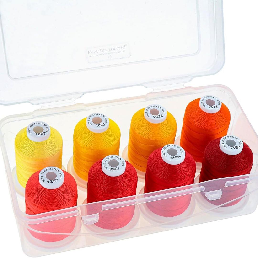 New brothread - 18 Options - Multi-Purpose 100% Mercerized Cotton Thread 50S/3 600M Each Spool for Quilting, Serger, Sewing and Embroidery - 8xSunrise(Yellows+Reds) with Clear Plastic Storage Box