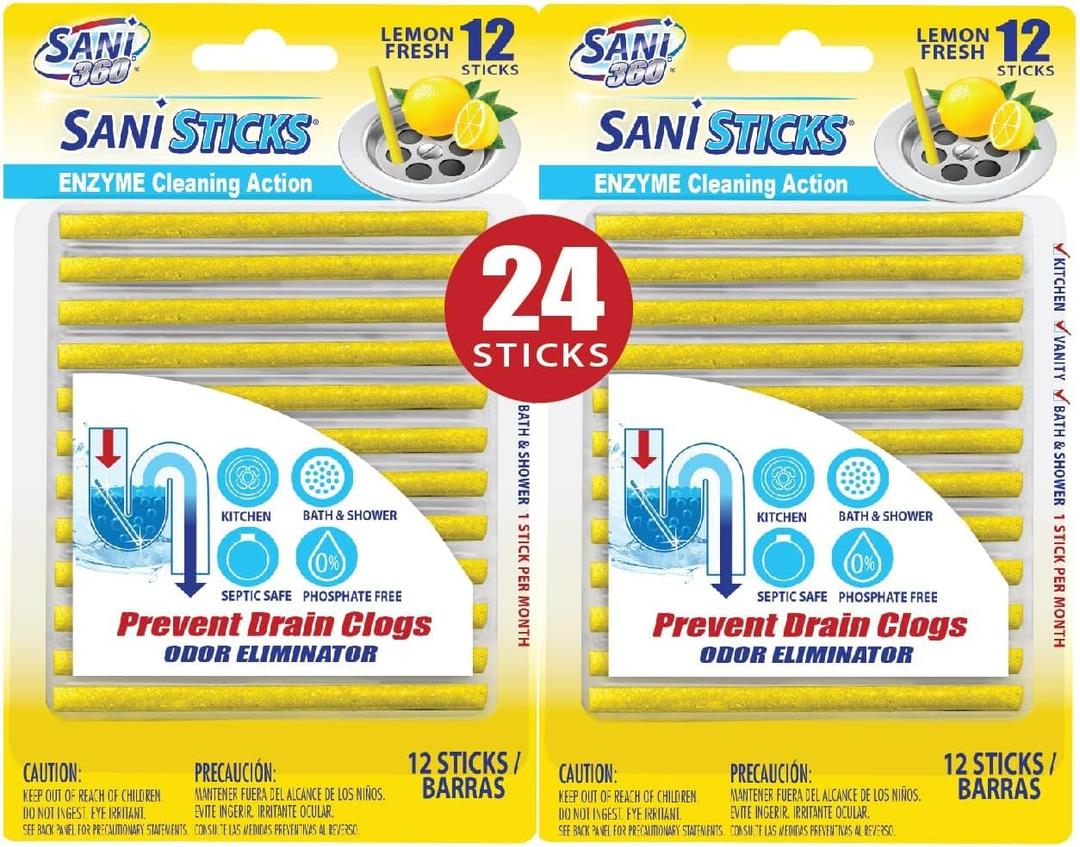 SANI 360° Sani Sticks Drain Cleaner and Deodorizer | Non-Toxic, Enzyme Formula to Eliminate Odors and Helps Prevent Clogged Drains | Septic Tank Safe (72 Count, Lemon)