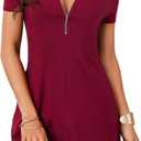 LYANER Women's Sexy Zipper Front V Neck Mini Dress Casual Low Cut Short Sleeve Ruffle A Line Short Dresses (Red, XS)