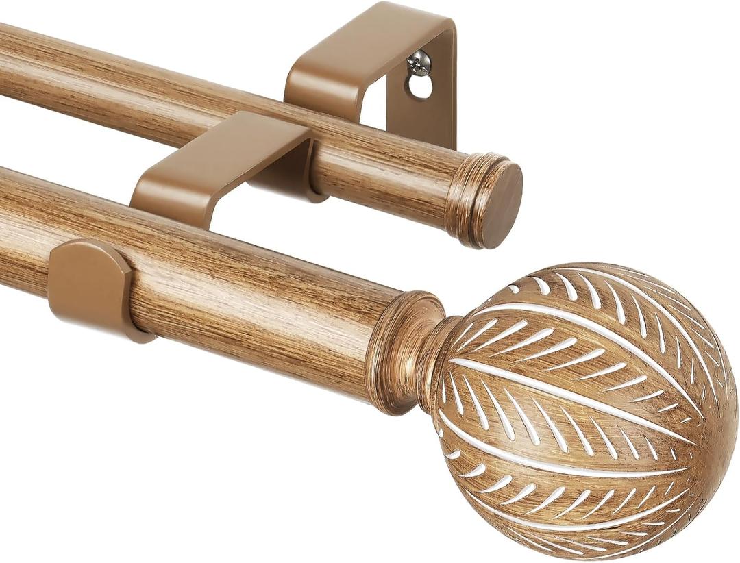 KAMANINA 1 Inch Wood Double Curtain Rods for Windows 36 to 72 Inches (3-6 Feet), Heavy Duty Decorative Curtain Rods, Wooden Drapery Rods with Leaf Pattern Finials, Wood Grain