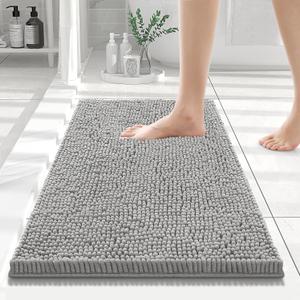 Smiry Luxury Chenille Bathroom Rugs 24x16, Extra Soft and Absorbent Shaggy Bath Mat, Machine Washable, Non-Slip Plush Carpet Runner for Tub, Shower, and Floor, Home Decor Accessories, Light Grey