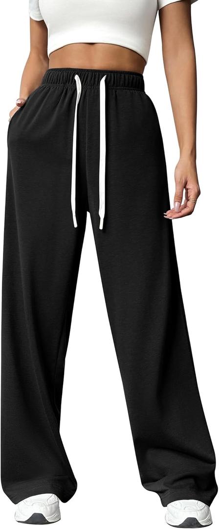 PINSPARK Wide Leg Sweat Pants for Womens High Waisted Baggy Sweatpants Casual Drawstring Workout Pants with Pockets (Black, XL)