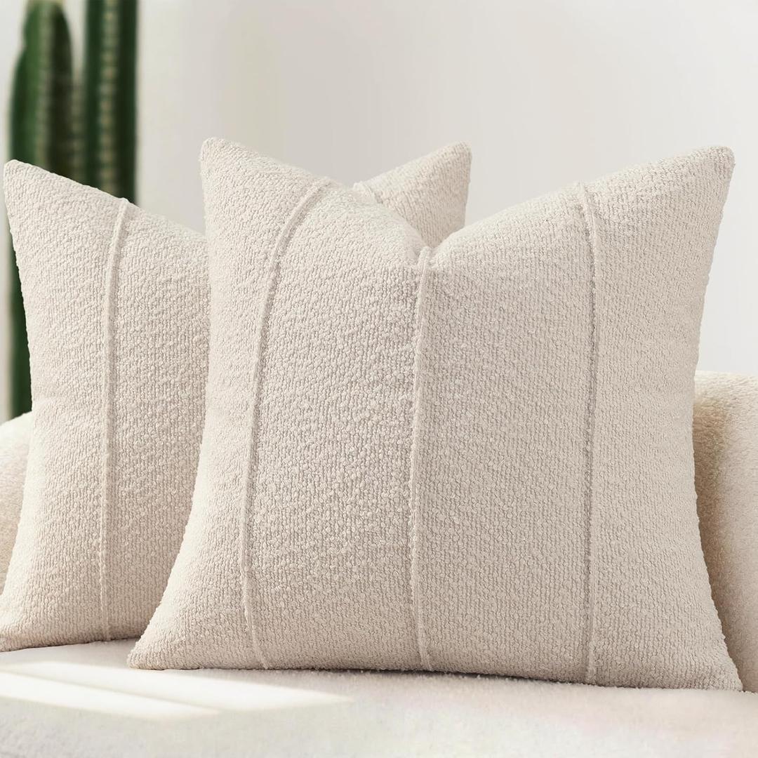YCOLL Textured Boucle Throw Pillow Covers 20x20 Pack of 2 - Soft Neutral Striped Cushion Covers, Cozy Accent Decorative Pillow Covers for Couch, Sofa, Bed, Living Room (Beige)