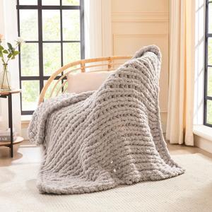L'AGRATY Chunky Knit Blanket Throw: 40''x50'' Chenille Chunky Knitted Throw Blankets for Twin Bed Couch - Handmade Thick Cable Knit Blanket - Large Crochet Rope Blankets for Home Decor (Grey)